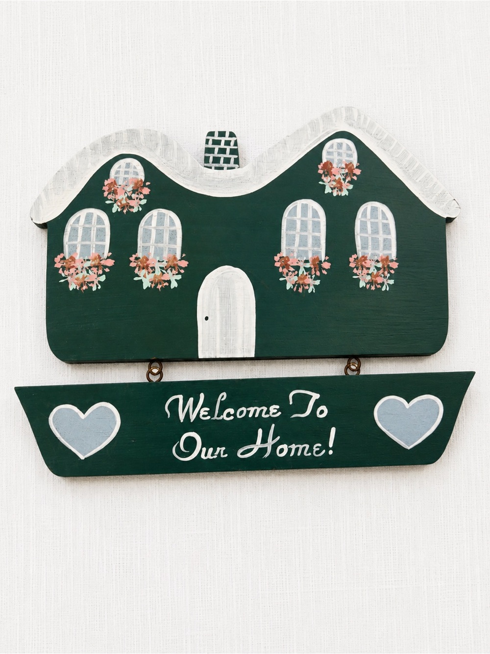 vintage 90s hand painted welcome To Our Home Dark Green Decorative Wall Plaque